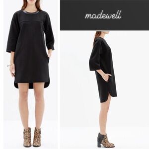 🏝️ Madewell Leather Trim Pique Ponte Dress in Black • S